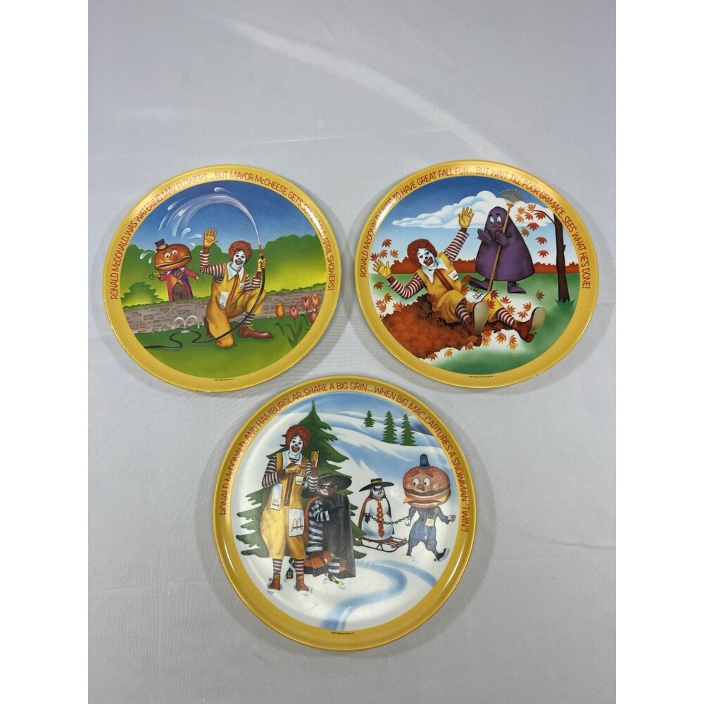 Set of 3 McDonald's 1977 Ronald McDonald Season Plates w/ Spring, Fall, & Winter
